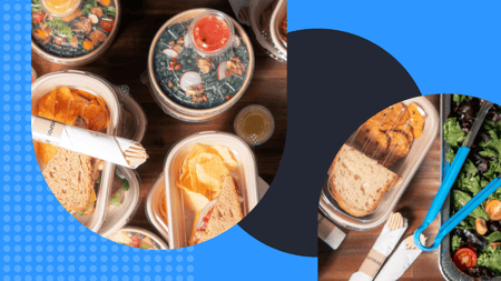 Takeout containers full of salad, bread, and other delights