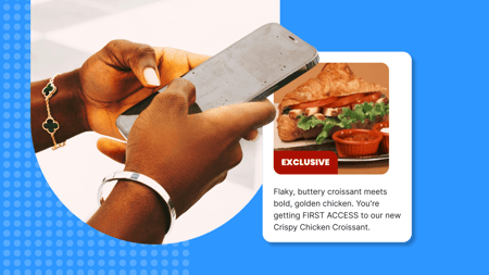 Hands holding a phone with an inset image of a sandwich 